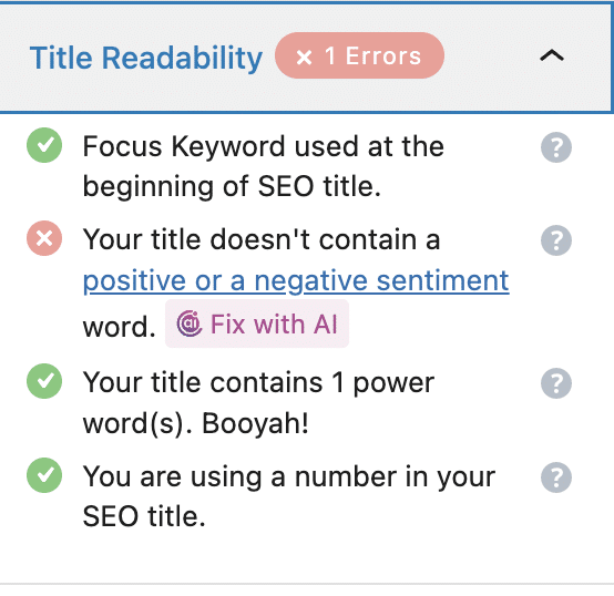Title readability checklist of Rankmath